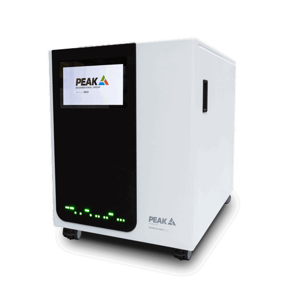 Genius NEO - a large white cuboid, with a black panel on the front. A large screen is on the black panel showing PEAK Scientific logo and generator information and there is morse code spelling Genius at the bottom of the panel.